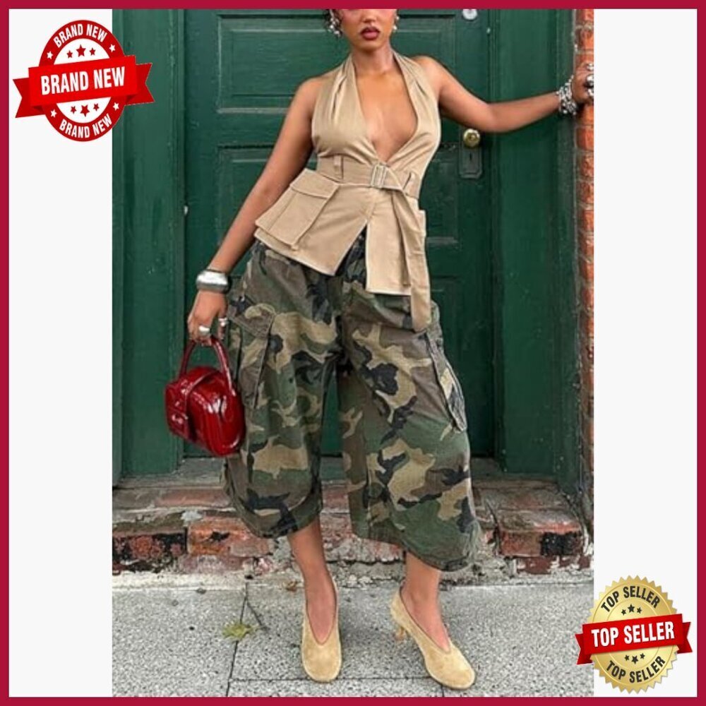 Wide Leg Camo Cargo Pants Barrel Fit Cropped Bermuda Jorts Streetwear